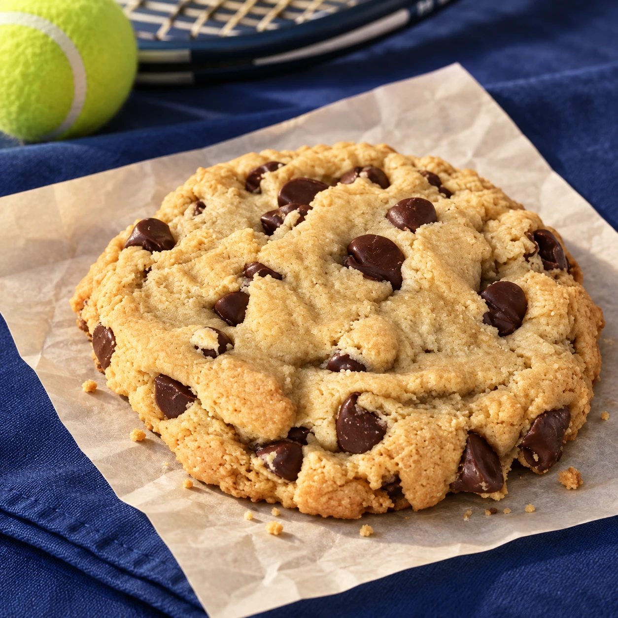 A jumbo chocolate chip cookie with tennis equipment